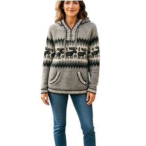 Alpaca Sweater Peru Womens Size XL Gray Pullover Hooded Andean Fair Isle Nature